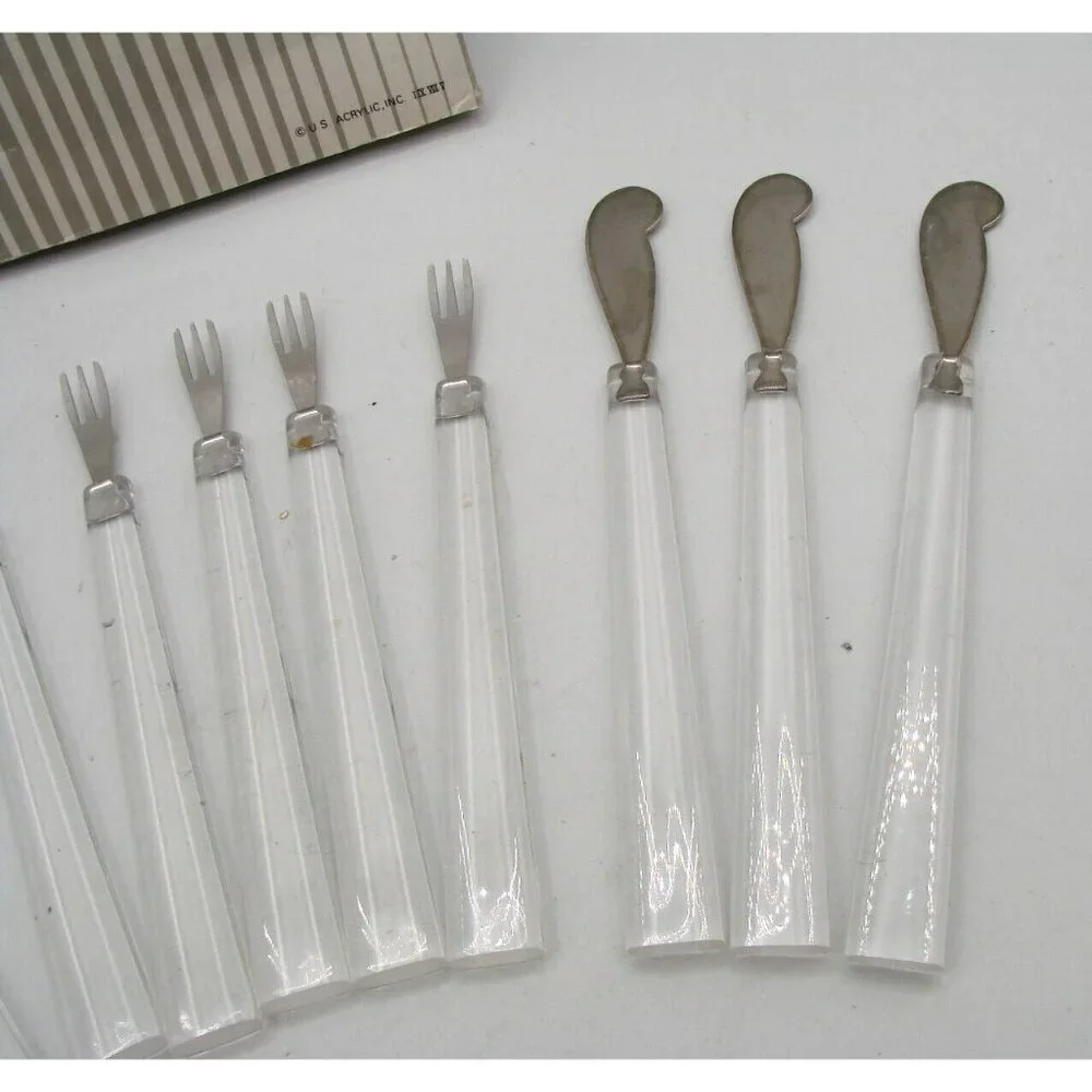 Acrylic Party Flatware Stainless Steel Clear MCM NIB Vtg Forks (6) Speaders (3)